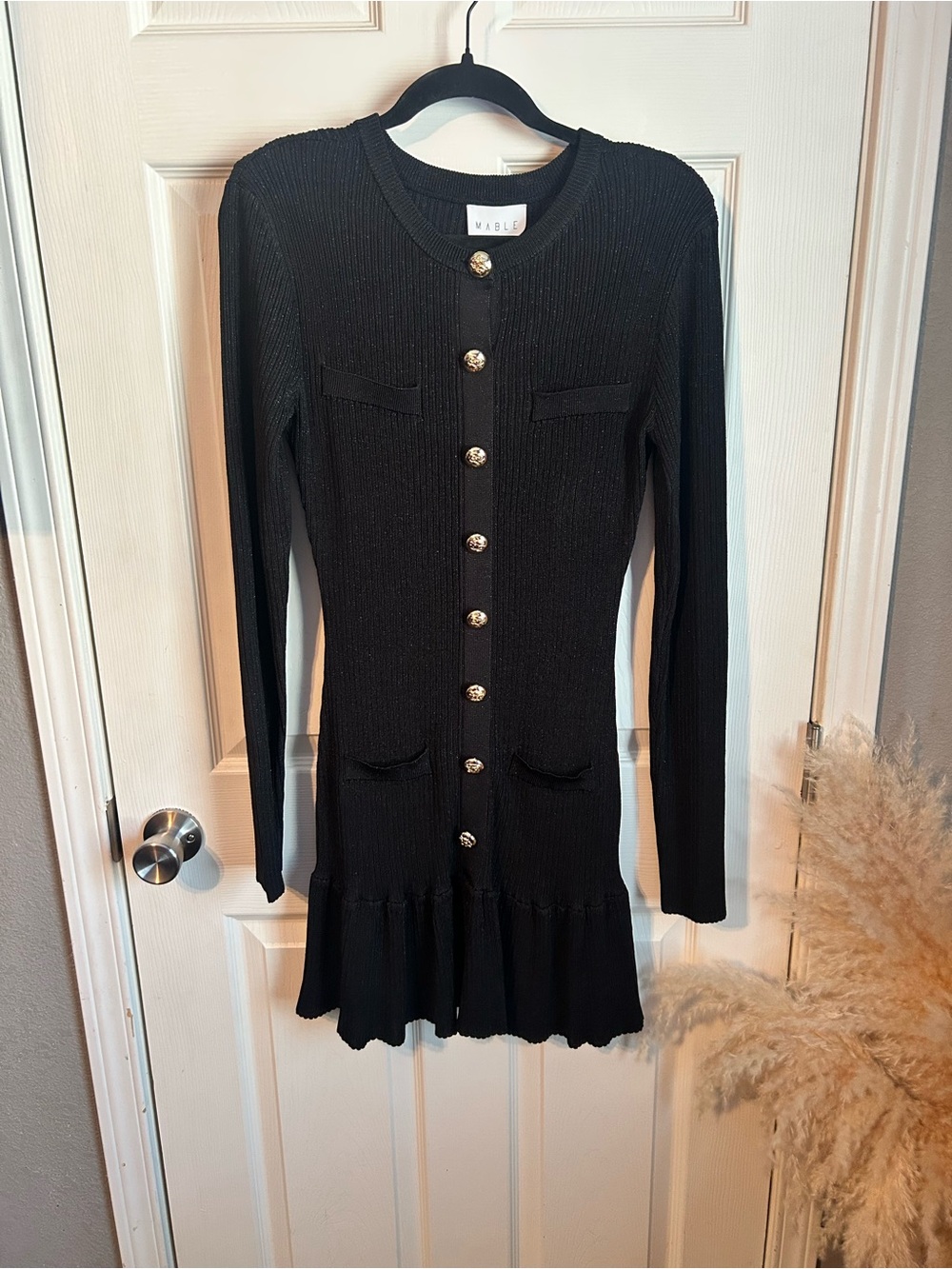 Mable Black Ribbed Button-Front Knit Dress